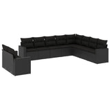 10 Piece Garden Sofa Set with Cushions Black Poly Rattan - Front View