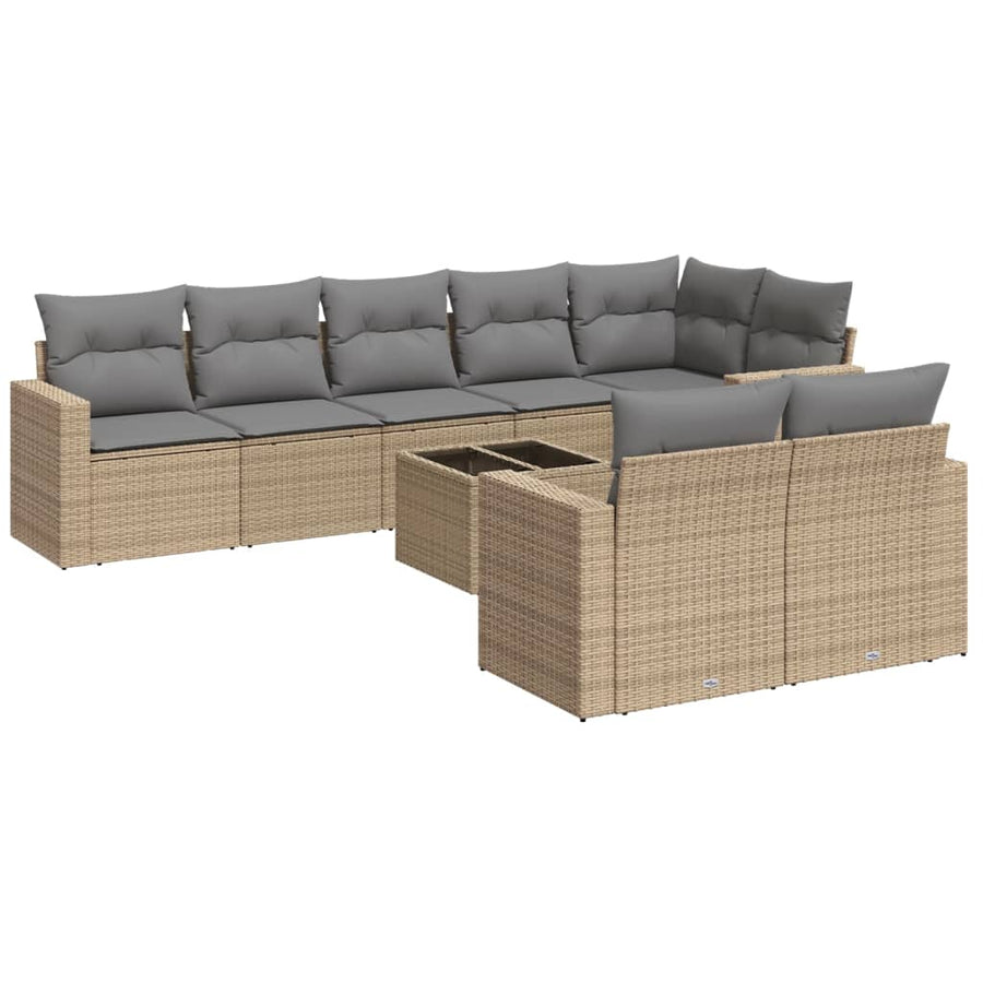 9 Piece Garden Sofa Set with Cushions Beige Poly Rattan