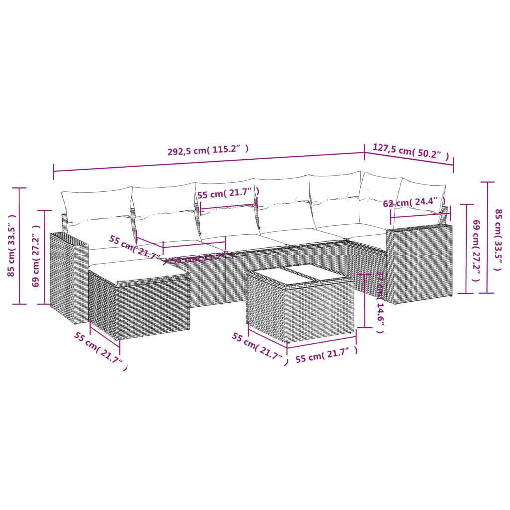8 Piece Garden Sofa Set with Cushions Grey Poly Rattan