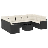 10 Piece Garden Sofa Set with Cushions Black Poly Rattan - Front View