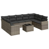 10 Piece Garden Sofa Set with Cushions Grey Poly Rattan - Front View