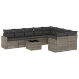 10 Piece Garden Sofa Set with Cushions Grey Poly Rattan - Front View