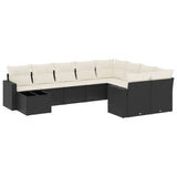 10 Piece Garden Sofa Set with Cushions Black Poly Rattan - Front View