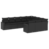 10 Piece Garden Sofa Set with Cushions Black Poly Rattan - Front View