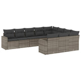 10 Piece Garden Sofa Set with Cushions Grey Poly Rattan - Front View
