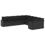 10 Piece Garden Sofa Set with Cushions Black Poly Rattan - Front View