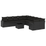 11 Piece Garden Sofa Set with Cushions Black Poly Rattan - Front View