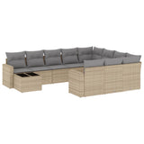 11 Piece Garden Sofa Set with Cushions Beige Poly Rattan - Front View