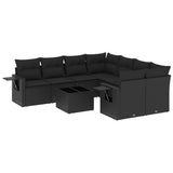9 Piece Garden Sofa Set with Cushions Black Poly Rattan - Front View