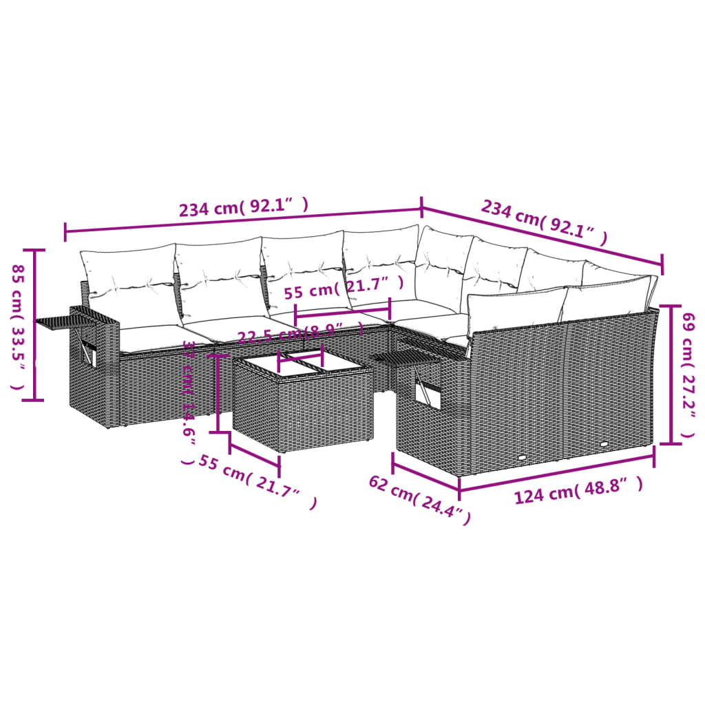 9 Piece Garden Sofa Set with Cushions Beige Poly Rattan
