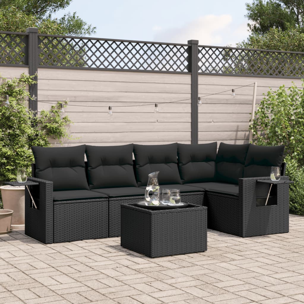 6 Piece Garden Sofa Set with Cushions Black Poly Rattan