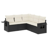 5 Piece Garden Sofa Set with Cushions Black Poly Rattan - Front View
