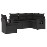 5 Piece Garden Sofa Set with Cushions Black Poly Rattan - Front View