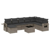 9 Piece Garden Sofa Set with Cushions Grey Poly Rattan - Front View