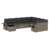 10 Piece Garden Sofa Set with Cushions Grey Poly Rattan - Front View