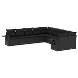 10 Piece Garden Sofa Set with Cushions Black Poly Rattan - Front View