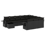 11 Piece Garden Sofa Set with Cushions Black Poly Rattan - Front View
