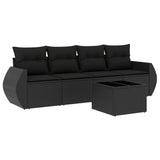 5 Piece Garden Sofa Set with Cushions Black Poly Rattan - Front View