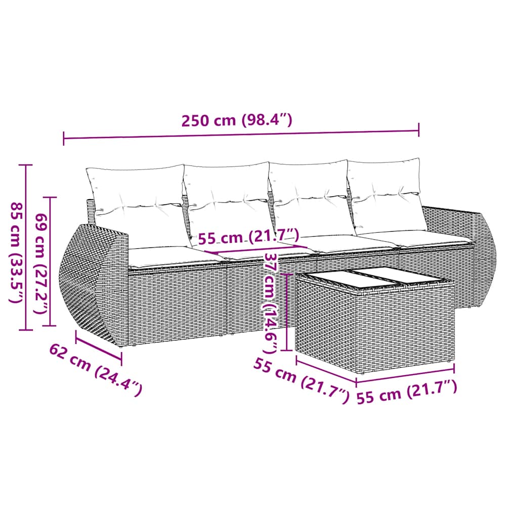 5 Piece Garden Sofa Set with Cushions Black Poly Rattan