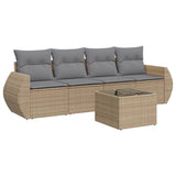 5 Piece Garden Sofa Set with Cushions Beige Poly Rattan - Front View