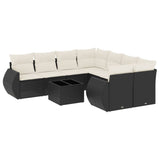 9 Piece Garden Sofa Set with Cushions Black Poly Rattan - Front View