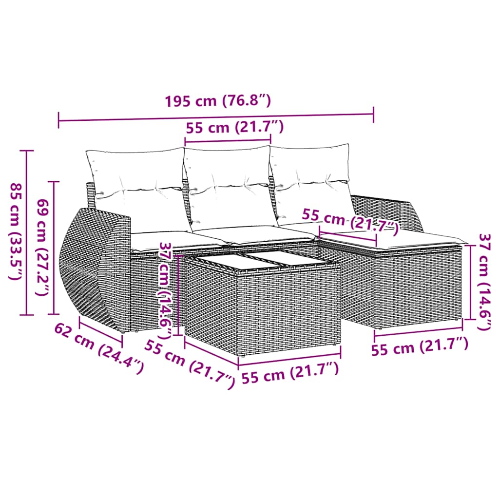 5 Piece Garden Sofa Set with Cushions Black Poly Rattan