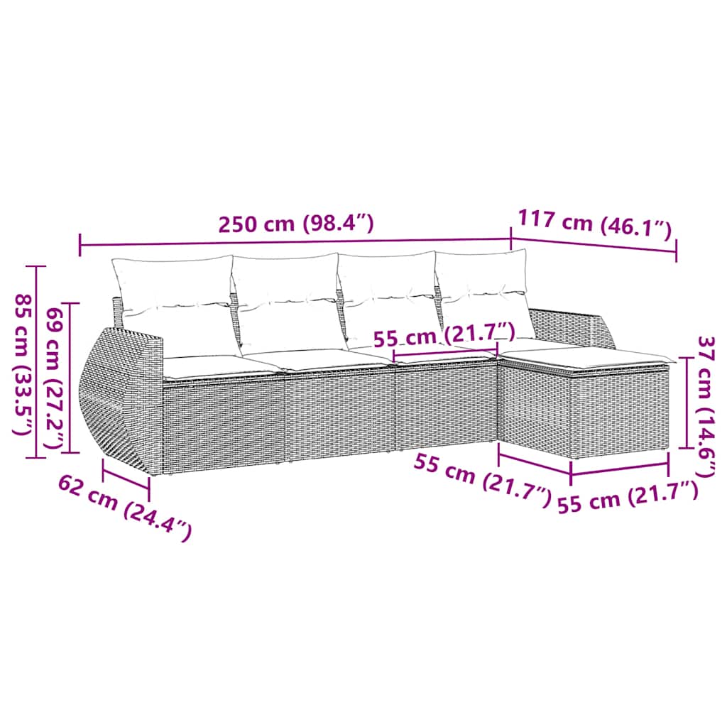 5 Piece Garden Sofa Set with Cushions Black Poly Rattan