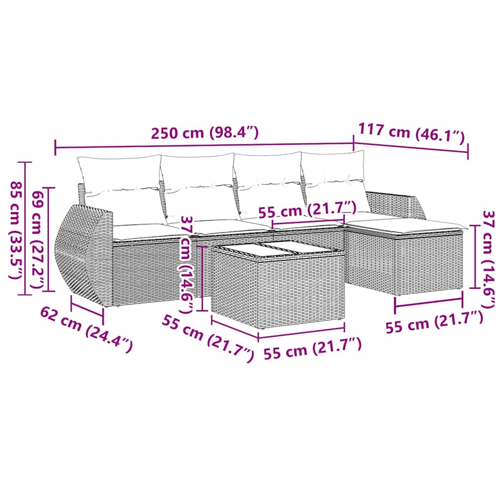 6 Piece Garden Sofa Set with Cushions Black Poly Rattan