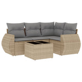 5 Piece Garden Sofa Set with Cushions Beige Poly Rattan - Front View
