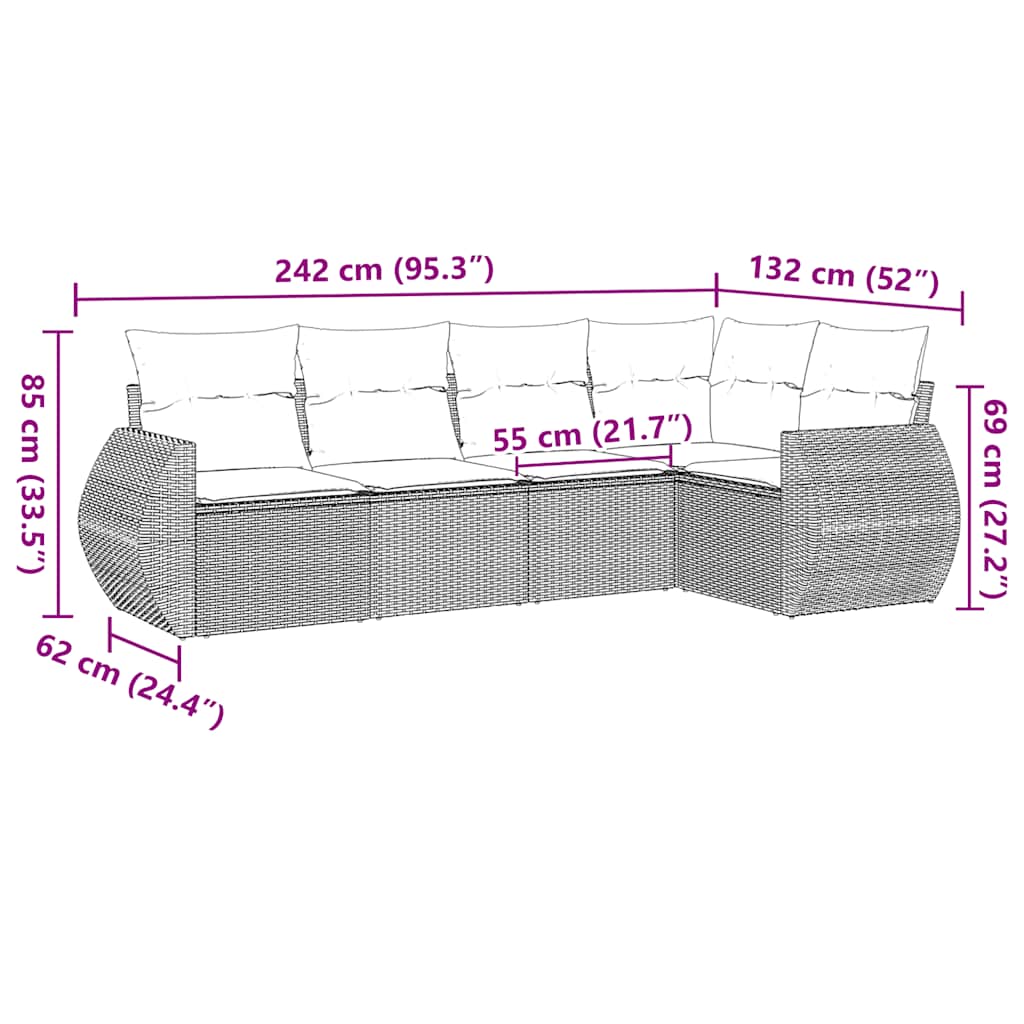 5 Piece Garden Sofa Set with Cushions Black Poly Rattan