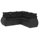 5 Piece Garden Sofa Set with Cushions Black Poly Rattan - Front View