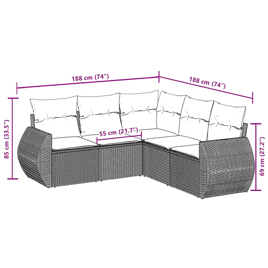 5 Piece Garden Sofa Set with Cushions Black Poly Rattan