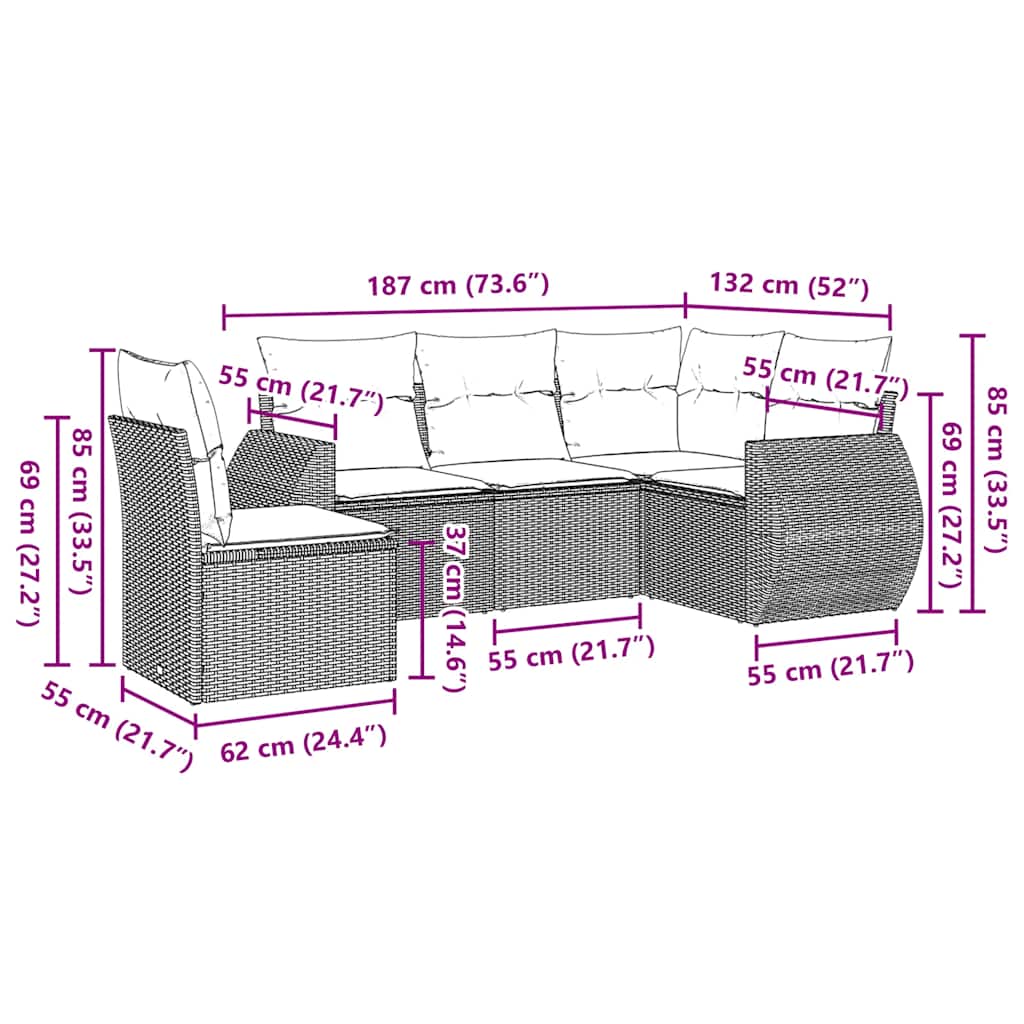 5 Piece Garden Sofa Set with Cushions Black Poly Rattan