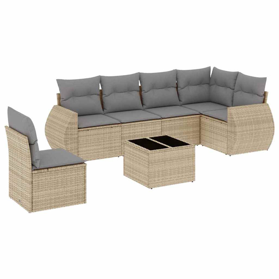 7 Piece Garden Sofa Set with Cushions Beige Poly Rattan