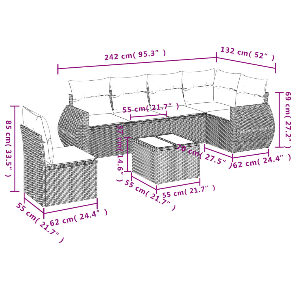 7 Piece Garden Sofa Set with Cushions Grey Poly Rattan