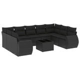 10 Piece Garden Sofa Set with Cushions Black Poly Rattan - Front View