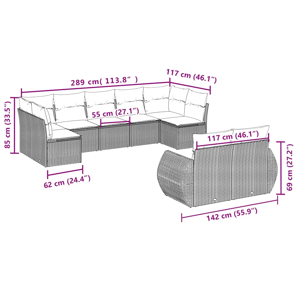 9 Piece Garden Sofa Set with Cushions Black Poly Rattan