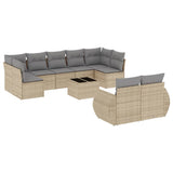 10 Piece Garden Sofa Set with Cushions Beige Poly Rattan - Front View