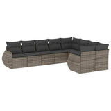9 Piece Garden Sofa Set with Cushions Grey Poly Rattan - Front View