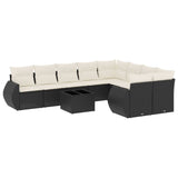 10 Piece Garden Sofa Set with Cushions Black Poly Rattan - Front View