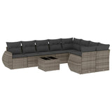 10 Piece Garden Sofa Set with Cushions Grey Poly Rattan - Front View