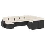 10 Piece Garden Sofa Set with Cushions Black Poly Rattan - Front View