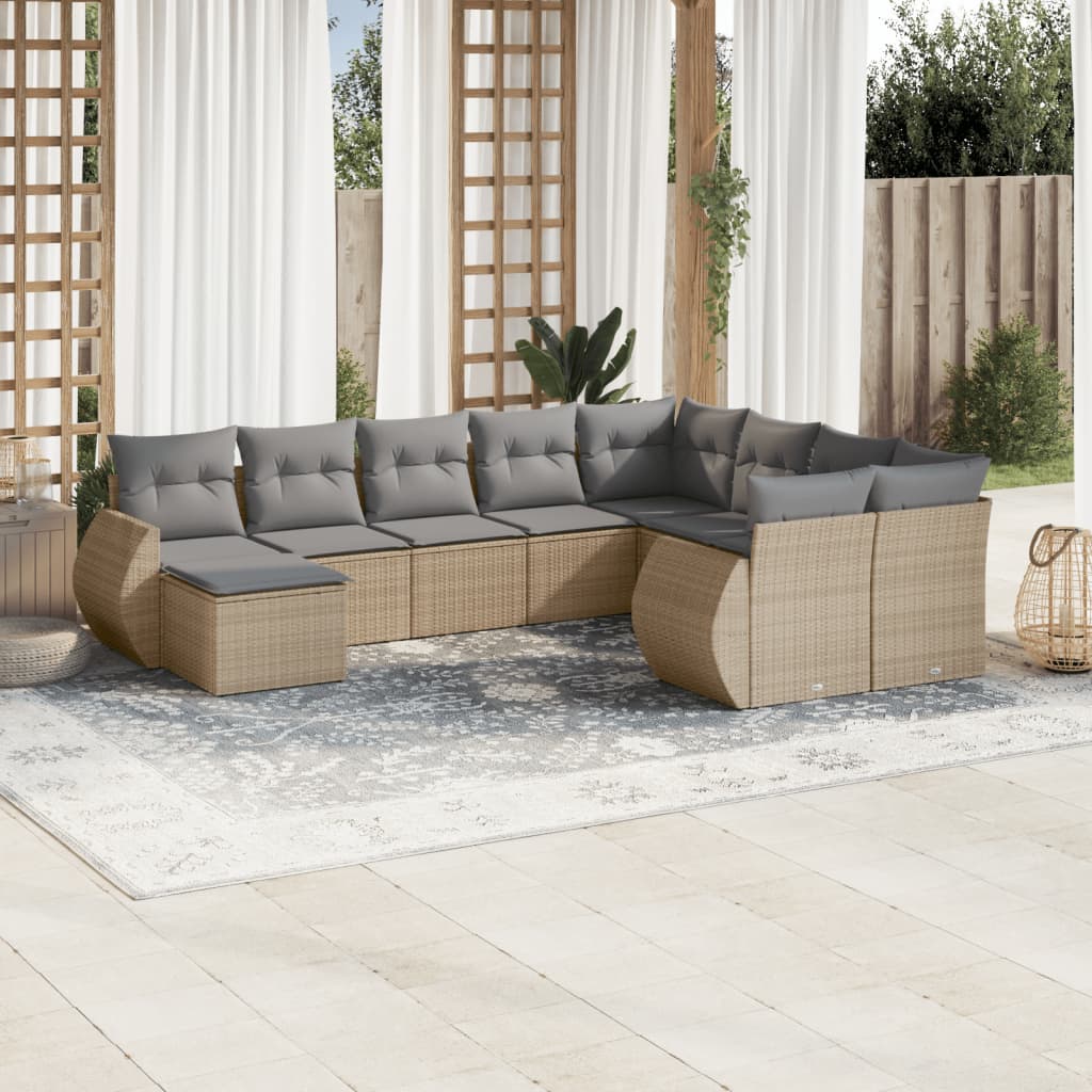 10 Piece Garden Sofa Set with Cushions Beige Poly Rattan