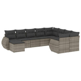 10 Piece Garden Sofa Set with Cushions Grey Poly Rattan - Front View
