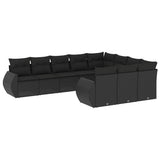 10 Piece Garden Sofa Set with Cushions Black Poly Rattan - Front View