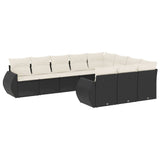 10 Piece Garden Sofa Set with Cushions Black Poly Rattan - Front View
