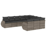 10 Piece Garden Sofa Set with Cushions Grey Poly Rattan - Front View