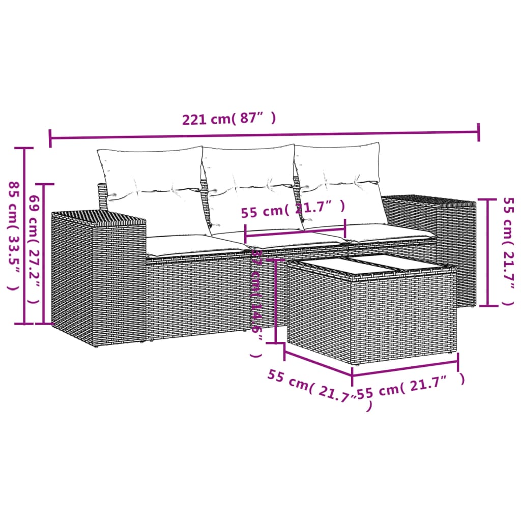 4 Piece Garden Sofa Set with Cushions Grey Poly Rattan