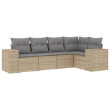 5 Piece Garden Sofa Set with Cushions Beige Poly Rattan - Front View
