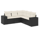 5 Piece Garden Sofa Set with Cushions Black Poly Rattan - Front View